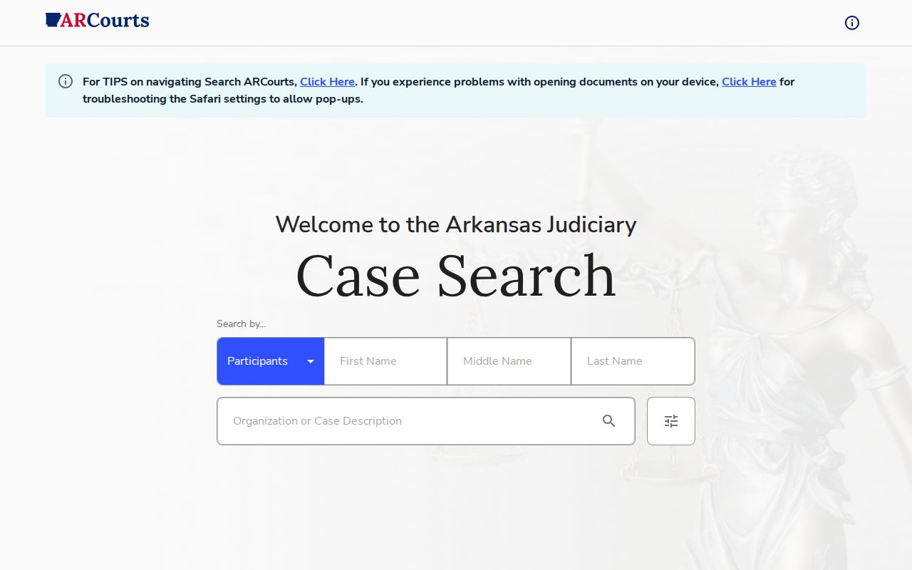 Search ARCourts interface for Lawrence County court docket results